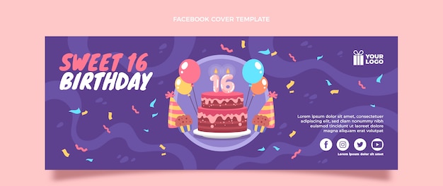 Flat sweet 16 social media cover template