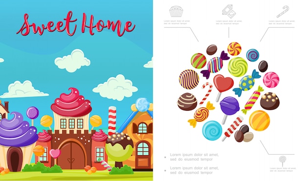 Free Vector flat sweet home composition with tasty colorful candies bright house of whipped cream chocolate and lollipops