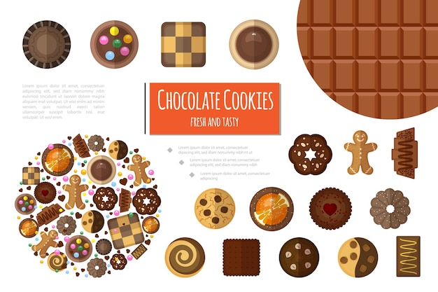 Free Vector flat sweet products composition with chocolate bar  and different kinds of chocolate cookies