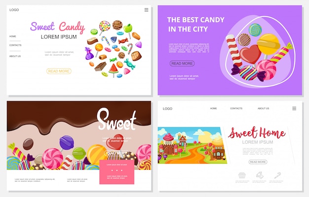 Flat sweets websites set with colorful chocolate caramel candies ice cream lollipops funny sweet houses