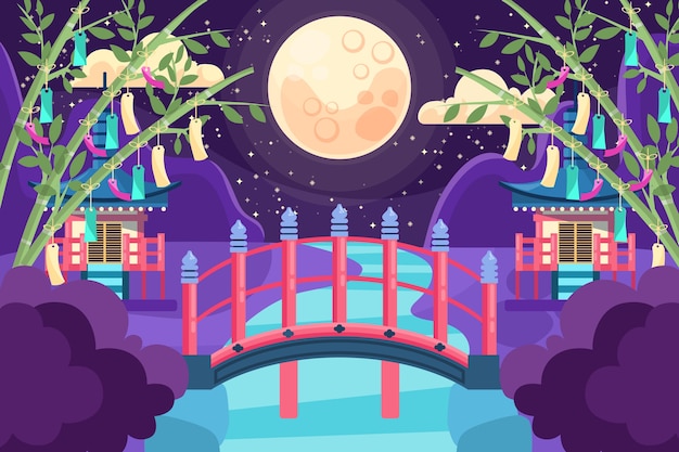 Free vector flat tanabata background with bridge and full moon