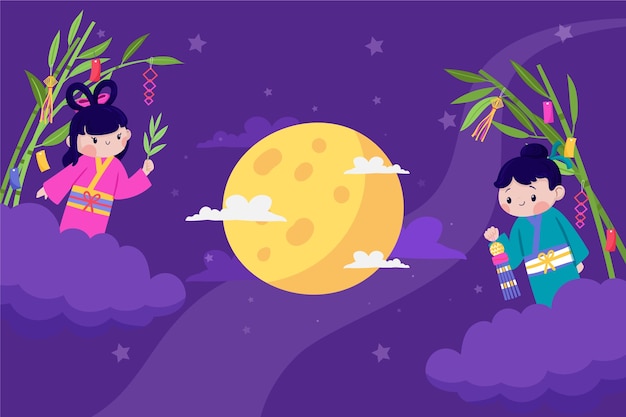 Flat tanabata background with couple and full moon