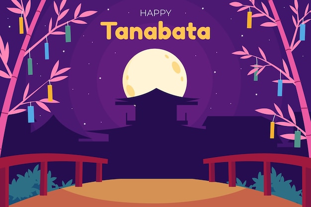 Free Vector flat tanabata background with full moon and bridge