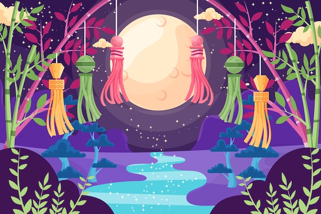 Free Vector flat tanabata background with ornaments and full moon