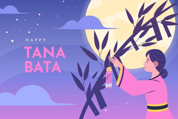 Flat tanabata background with woman hanging ornaments