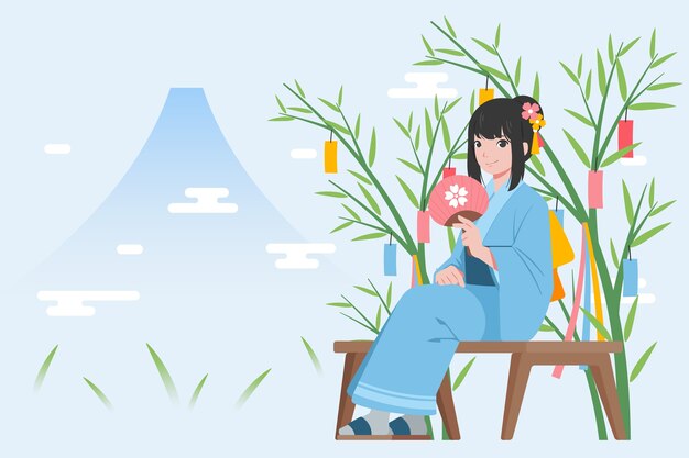 Flat tanabata background with woman and mountain