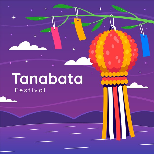 Flat tanabata illustration with decorations hanging over the lake