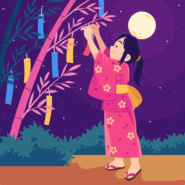 Free Vector flat tanabata illustration with woman hanging ornaments