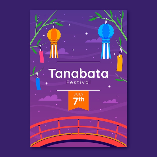 Free Vector flat tanabata poster template with bridge