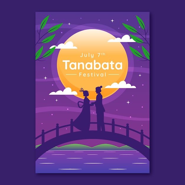 Flat tanabata poster template with couple on bridge at full moon