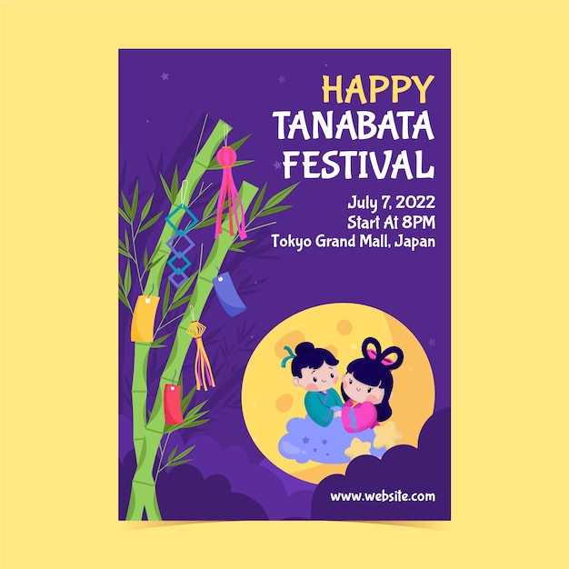 Flat tanabata vertical poster template with couple