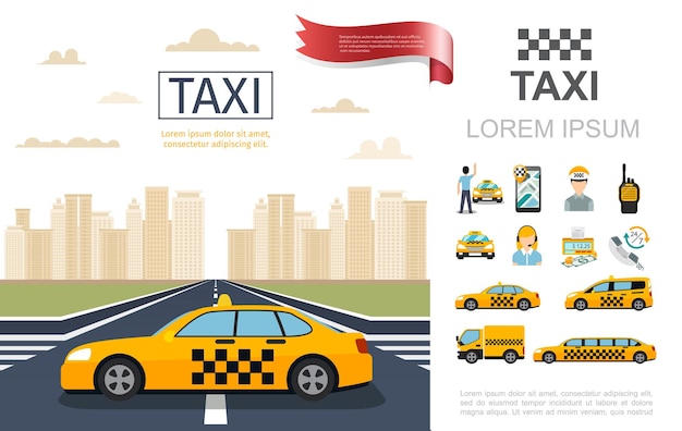 Flat taxi service composition with taxi cab on road passenger operator driver counter money radio set mobile different cars  illustration