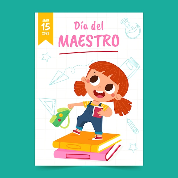 Flat teacher's day in spanish greeting card template