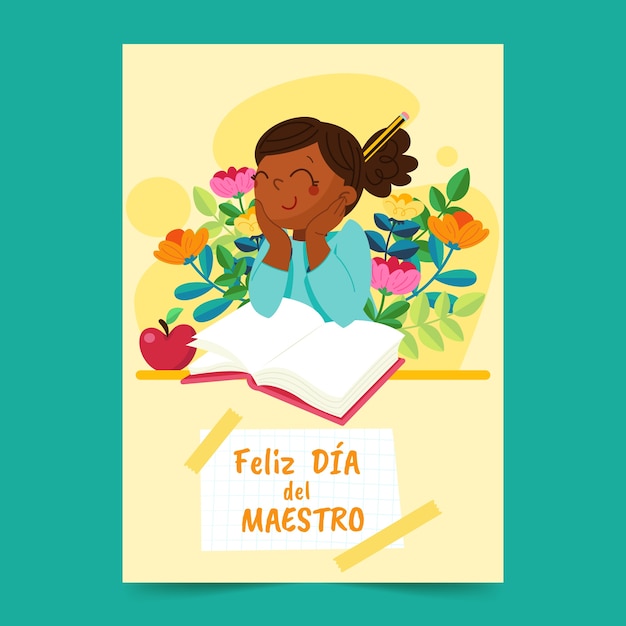 Flat teacher's day in spanish greeting card template