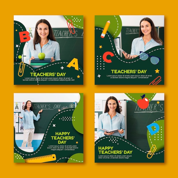 Free vector flat teachers' day instagram posts collection with photo