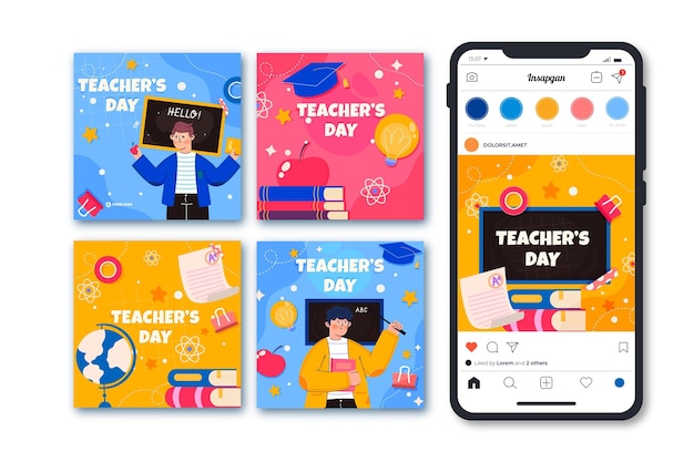 Free vector flat teachers' day instagram posts collection