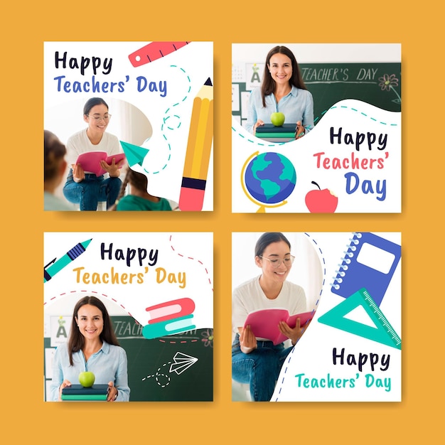 Free vector flat teachers' day instagram posts collection