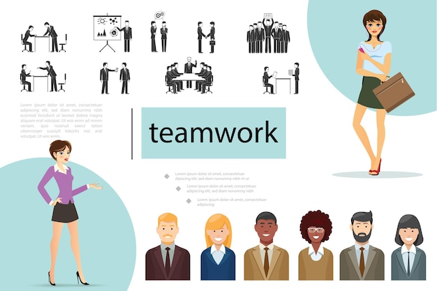 Free Vector flat teamwork composition with business people of different ethnicity in various situations illustration