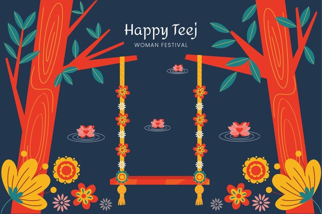 Flat teej background with swing and flowers