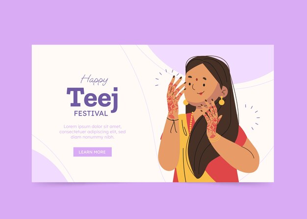 Flat teej horizontal banner template with woman showing henna hands