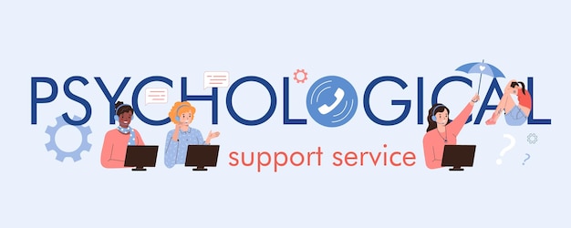 Free Vector flat text banner for psychological support service with smiling hotline operators helping people vector illustration