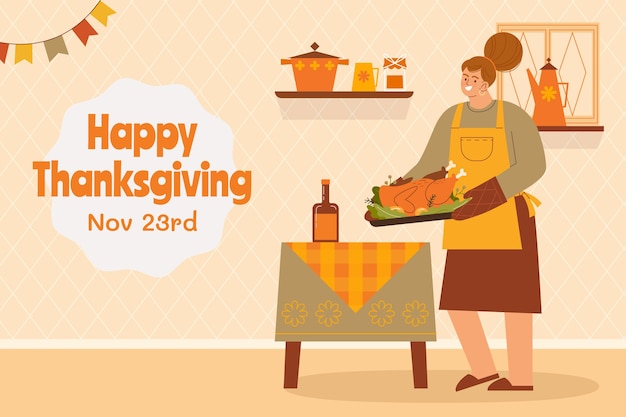 Free Vector flat thanksgiving background with woman bringing turkey at table