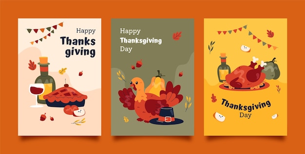 Flat thanksgiving celebration greeting cards collection