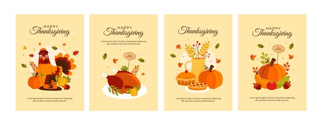 Flat thanksgiving celebration greeting cards collection