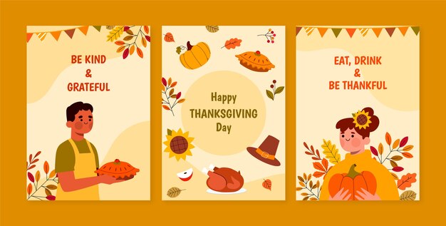 Flat thanksgiving celebration greeting cards collection