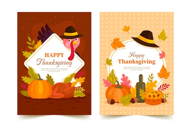 Flat thanksgiving celebration greeting cards collection