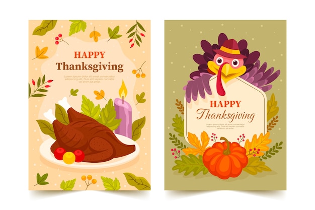 Flat thanksgiving celebration greeting cards collection