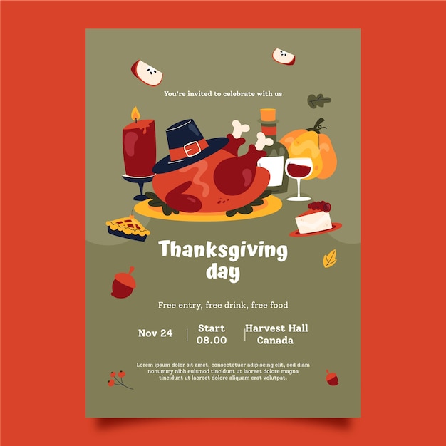 Flat thanksgiving celebration invitation template