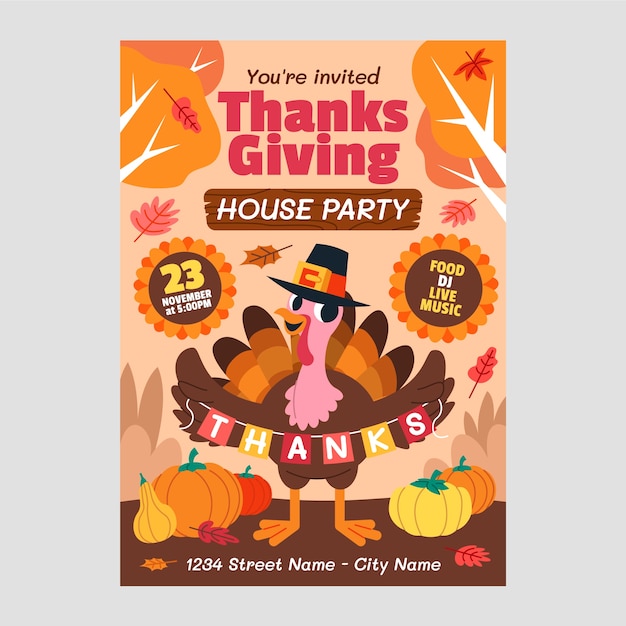 Flat thanksgiving celebration invitation template