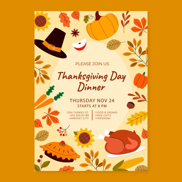 Flat thanksgiving celebration invitation template