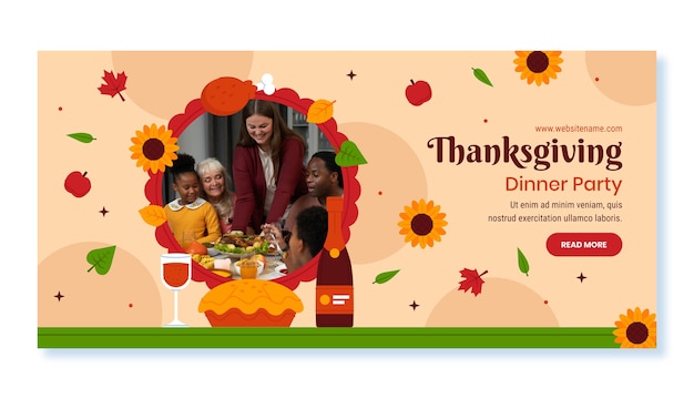 Flat thanksgiving horizontal banner template with pie and wine