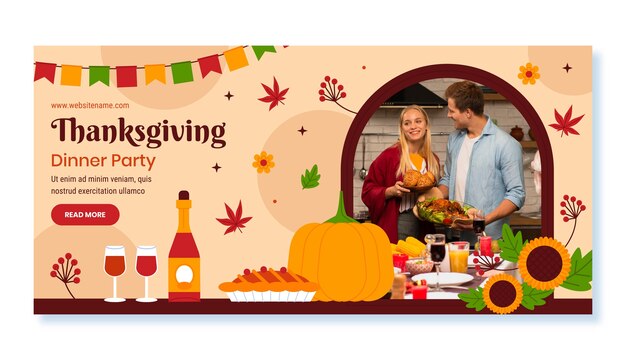 Flat thanksgiving horizontal banner template with pumpkin and wine