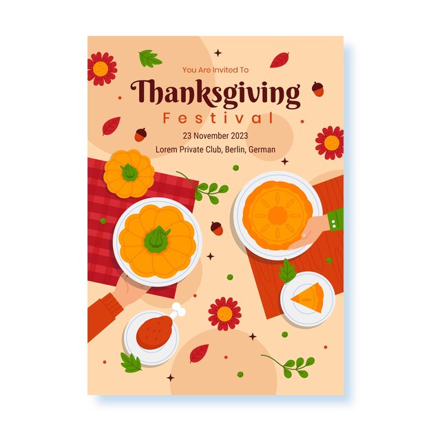 Flat thanksgiving invitation template with food