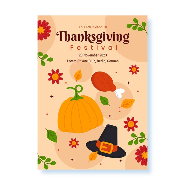 Flat thanksgiving invitation template with pilgrim hat