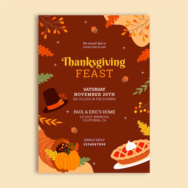 Free Vector flat thanksgiving invitation template