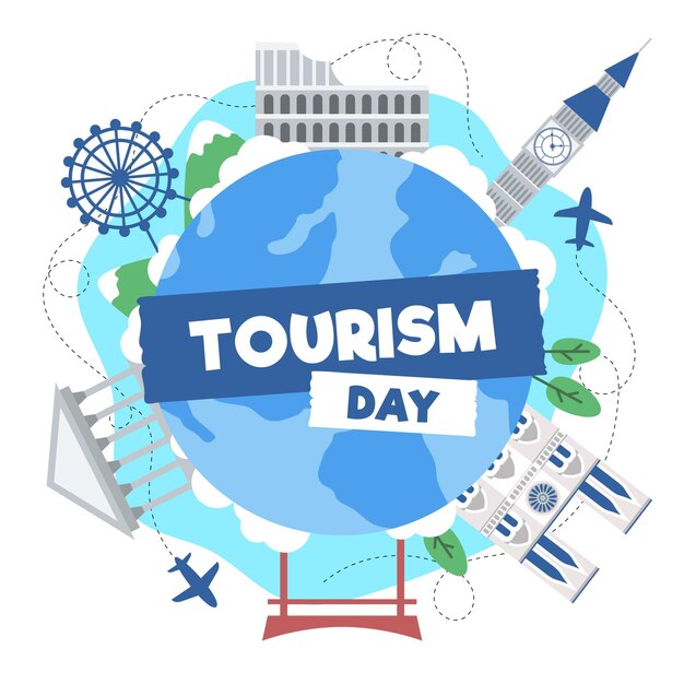 Flat tourism day illustration with different landmarks