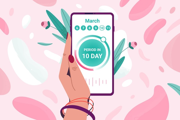 Free Vector flat tracker of menstrual period on calendar woman hand holding mobile phone to keep track of menstruation cycles girl monitoring ovulation or pregnancy period by tracking app on smartphone screen