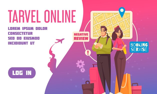 Flat travel booking landing page with links headline and login button