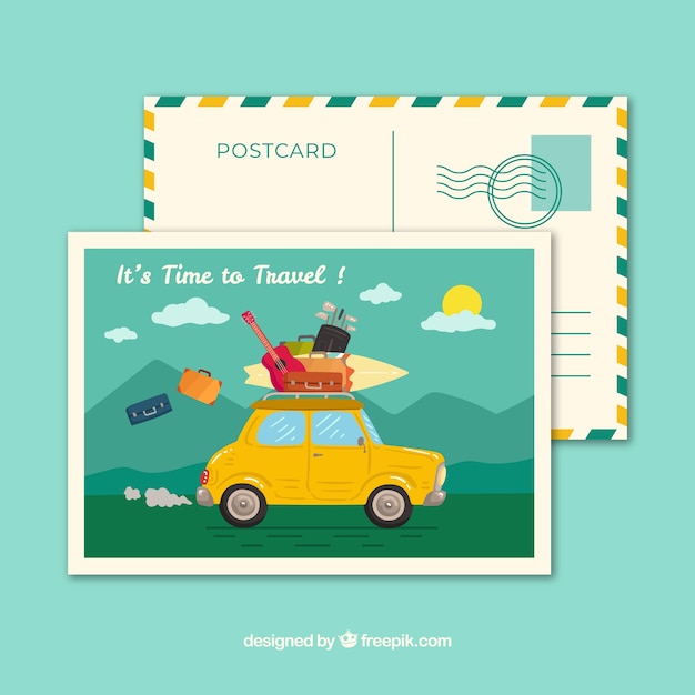 Flat travel postcard template with car