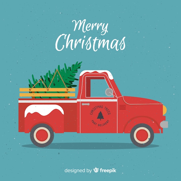 Free Vector flat tree delivery truck christmas background