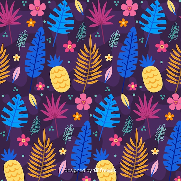 Flat tropical flower and leaves pattern