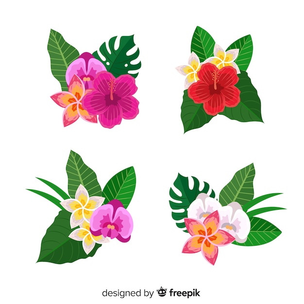 Flat tropical flowers and leaves