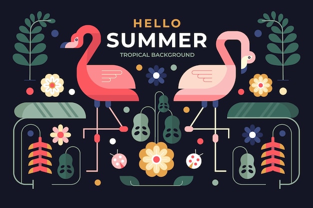 Flat tropical summer background with flamingos