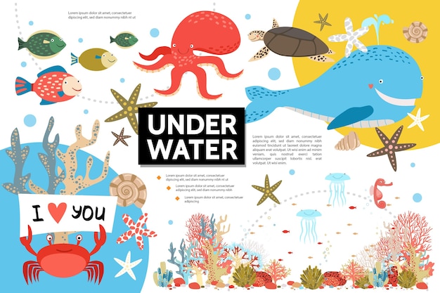 Flat underwater life infographic template 