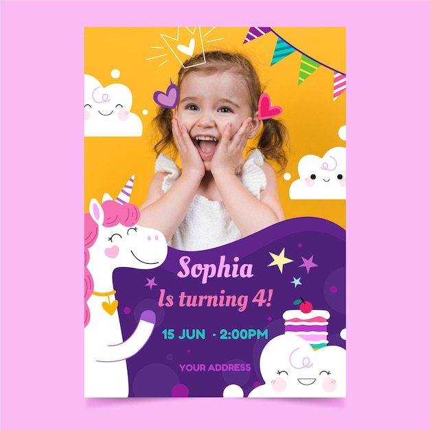 Flat unicorn birthday invitation template with photo