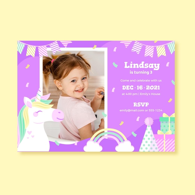 Flat unicorn birthday invitation template with photo